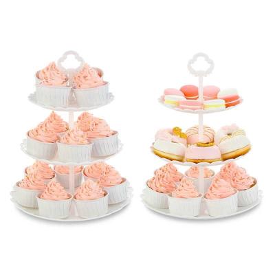 China Large Lightweight White Plastic 3-Tier Cupcake Stands Set Of 2 Piece Serving Tray For Wedding Birthday Summer Baby Shower Graduation for sale