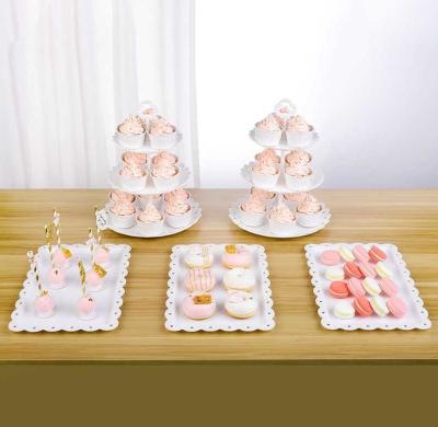 China Light Weight Set 5 Pieces PP Cupcake Stand 3 Tier White Dessert Tower Tray Plate Perfect White For Wedding Birthday Party for sale