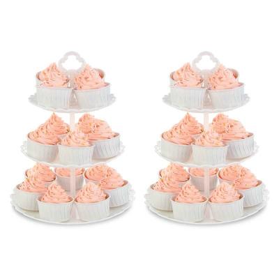 China Lightweight Set 2 Large 3-Tier White PP Cupcake Stands Plastic Serving Tray For Wedding Birthday Summer Graduation for sale