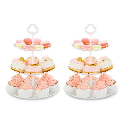 China Lightweight 2 Piece Set White 3-Tier Cupcake Stands Plastic Dessert Tower Serving Tray For Wedding Birthday Summer Baby Shower Graduation for sale