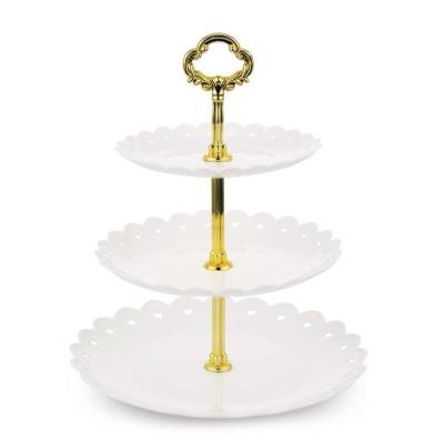 China Plastic Cake Stand 3 Tier 3 Tier Elegant Large Size Cupcake Stand with Gold Struts for Wedding Birthday Christmas Party for sale