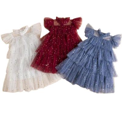 China Anti-wrinkle RTS XH Summer Little Girls Dresses Party Clothes Layer Mesh Gown Tulle Sequins Loungewear Girl Dress for sale