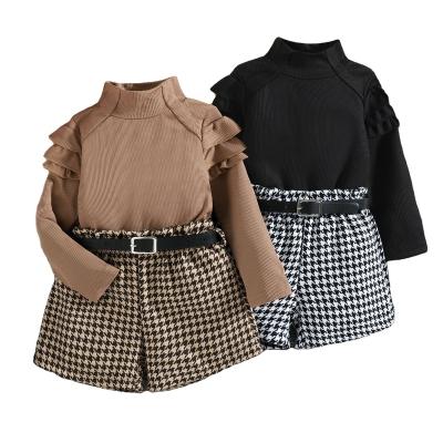 China Hot Selling Anti-wrinkle Two-Piece Mock Up Long Sleeve T-shirt And Houndstooth Shorts Set Suit Kids Fall Clothing for sale