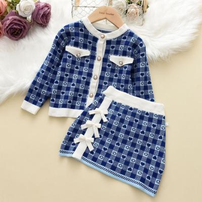 China XH Viable Girls Long Sleeve Children Sweaters Plaid Children Wear Knitted Cardigan and Skirt Clothing Suit 2PCS Children's Clothing Girl Sets for sale