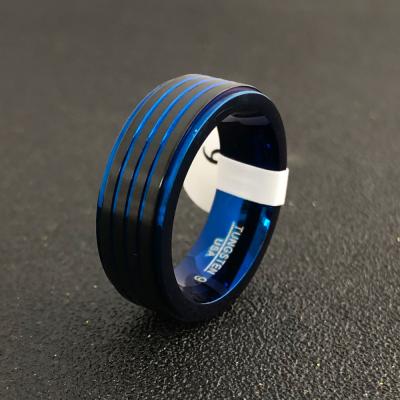 China FASHIONABLE Men's 8mm Blue and Black Ring Matte Finish Beveled Grooved Wedding Carbide Tungsten Bands Size 8 12 for sale