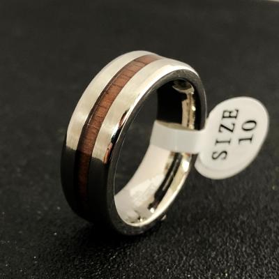 China FASHIONABLE Men's Ring Silver 8mm Tungsten Steel Wood Inlay Polished Shiny Arched Band Comfort Fit Ring Wholesale for sale