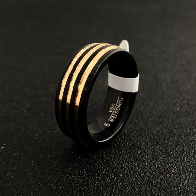 China FASHIONABLE Made in Thickness 3mm, High Quality Black Tungsten Carbide China Jewelry 8MM Gold Men's Wedding Rings 3 Line Ring for sale