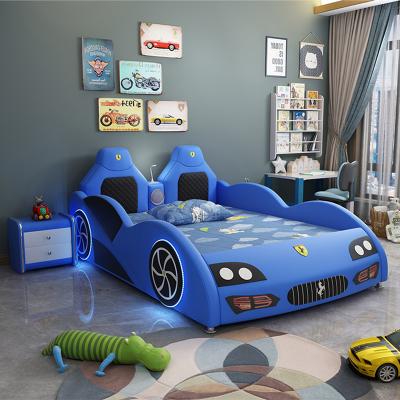 China Modern luxury designer kids blue car bed with light and healthy boy sports car wooden leather wrapping bed for sale