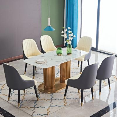 China DINING TABLE Modern Luxury Stainless Steel Marble Dining Table Set 6 Chairs for sale