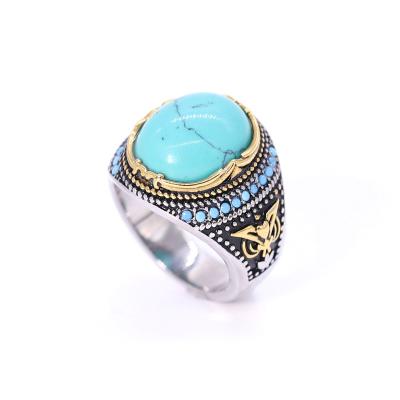 China European and American Style Stone Stainless Steel Turquoise Punk Men and Women Oval Center Blue Rings for sale