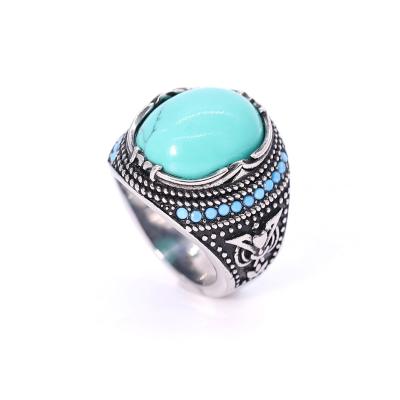 China European and American men's party style stainless steel punk oval blue pine main stone ring for sale