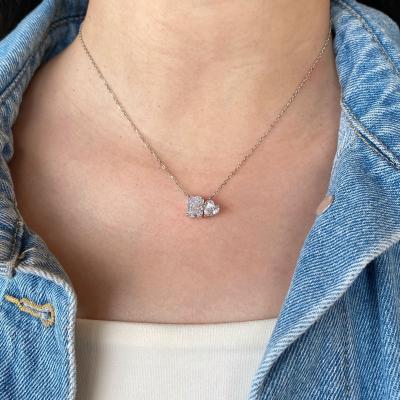 China Romantic Square Double Zircon Pendant Necklace 925 8A Sterling Silver Ice Cut Rhodium Plated For Women for sale