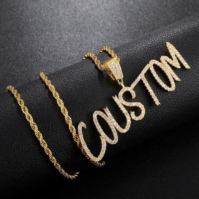 China Custom Hiphop Name Cursive Letters Necklace Pendants Necklaces Iced Out Charm Bling CZ Hip Hop Women Men Jewelry Rope Chains Necklaces for sale