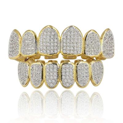 China New Hiphop Fit Bling Bling Micro Paved Zircon Teeth Grillz Set Iced Out Hip Hop Top Bottom All Grills Dental Tooth Mouth Jewelry for sale