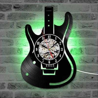 China Antique Style 7 Colors Change 12 Inch Guitar Vinyl Record Design Remote Control Wall Clock LED Wall Lamp Illusion Night Light for sale