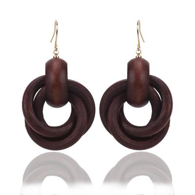 China Women's Western Round Spiral Ethnic Style Big Hook Earring Wooden Circle Brown Style Earrings for sale