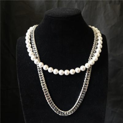 China CLASSIC new to beading choker pendant wholesale faux white pearl white necklace spliced ​​stainless steel chain choker Cuba for sale