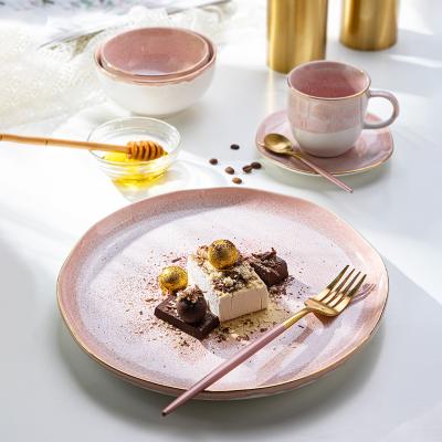 China Sustainable Ceramic Tableware Set Dishes For Home Dinner Plates Gold Edged Sweet Rose Color Party Banquet Household Shop Cake Set for sale