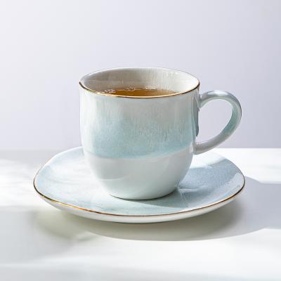 China Viable Scandinavian Design Cup Sets Nordic Sea Color Blue Style With Gold Rim And Speckle Crockery Drinkware Ceramic Cup And Saucer Set for sale