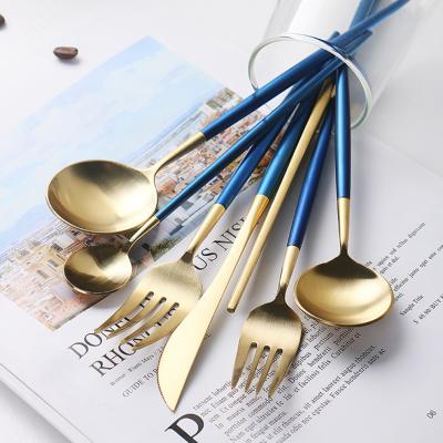 China 18/10 Ceative Wholesale Viable Cutlery Set Durable Design Plating Brushed Blue 304 Gold Flatware Set Fork Knife Spoon Chopsticks for sale