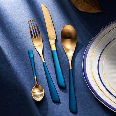 China Viable Wholesale Royal Banquet Gold Handle Blue Knife Fork Spoon Butter Knife Cutlery Set Gold Customized Cutlery Fancy Set for sale