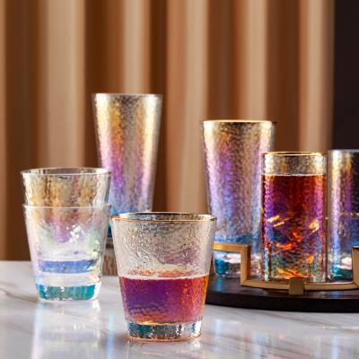 China 2021 Funny rainbow Juice Cocktail Glass Brandy Whiskey old-fashioned table cup water drinking glass bars rainbow plated colorful glassware for sale