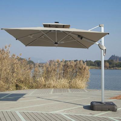 China Outdoor Umbrellas Contemporary Wholesale 12ft Solar Cantilever Garden Furniture Outdoor Patio Umbrella And Base LED Parasols Umbrella for sale