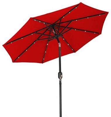 China Polyester 9 ft LED Solar Powered Patio Umbrella with 32 Lights, Market Bright Outdoor Aluminum Umbrella with Zin Titl for sale