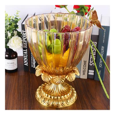 China Crystal Glass Wedding Party Decorations Brass Fruit Dish Round Crystal Clear Glass Fruit Dish Brass for sale