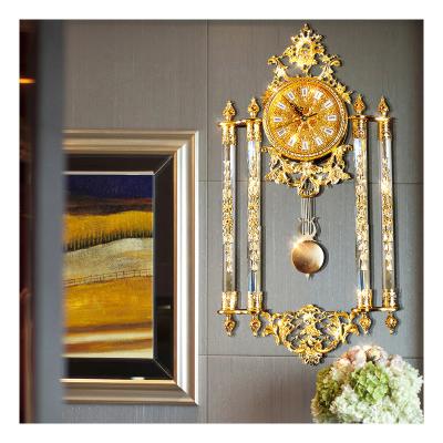 China Luxury Living Room Art Crystal Wall Clock Gold Style Clock Antique Home Decor Wall Clock for sale