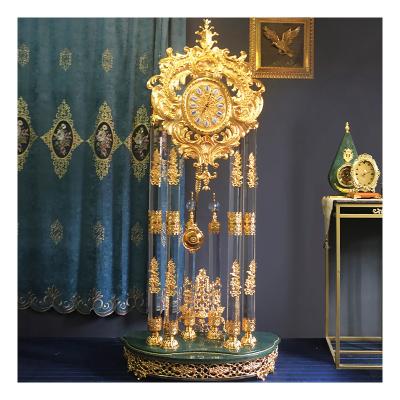 China Luxury Grandfather Clock Crystal Brass Royal Style Hall Floor Clock Villa Decoration Antique Style 24K Gold Plating for sale