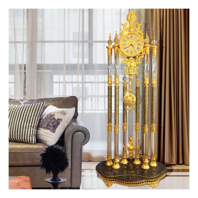 China Custom style floor clock villa home improvement clock grandfather clock luxury crystal style antique gold column retro for sale