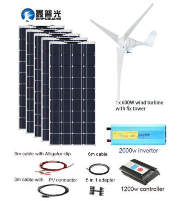 China XINPUGUANG 600w Home Wind Turbine Motors 500w Solar Panel House Mobile Hybrid DC 12v 1100W Home Solar Power System Sale for sale