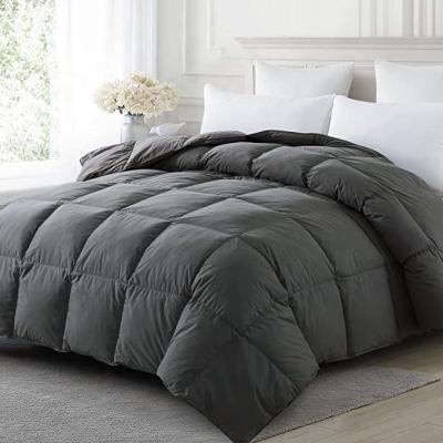 China Sustainable premium quality soft plush goose feather and quilted down comforter set dark gray 100% cotton cover for sale