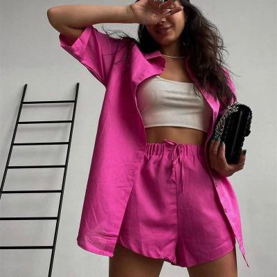 China QUICK DRY Shorts Set Casual Women Two Piece Set 202 Summer 100% Cotton Shorts Sleeve Shirt Shorts Women Two Piece Set Clothing for sale