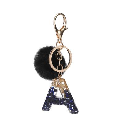 China Souvenir Gifts Promotional Letter Key Chain English Alphabet Keychain POMPOM Glitter Gradient Resin Car Mirror Women Handbag Accessories Charms for sale