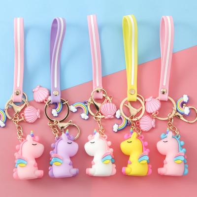 China Colorful Cute Cartoon Unicorn Keychain 3D Rainbow Key Chains PVC Durable Soft Rubber Bag Car Keychain Gift For Girls for sale