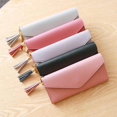 China Waterproof Ladies PU Wallet Tassels Leather Cute Card Holder Wallet Candy Color Long Purse For Woman for sale