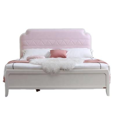 China Minimalist 2022 Modern Simple Bedroom Furniture King Size White and Pink Solid Wood Bed for sale