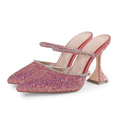 China Breathable Women Summer Factory Made Mules Glitter Materials New Arrival High Heel Shoes for sale