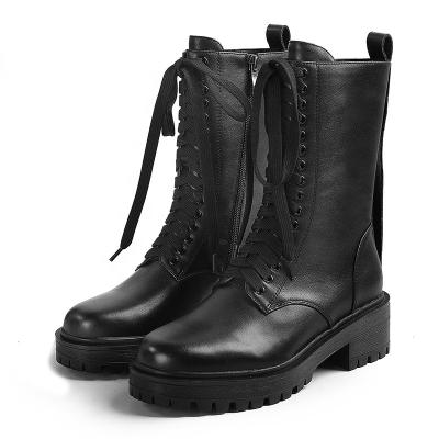 China Round Lace Up And Zipper Inside Calfskin Ankle Boots Women Biker Boots for sale