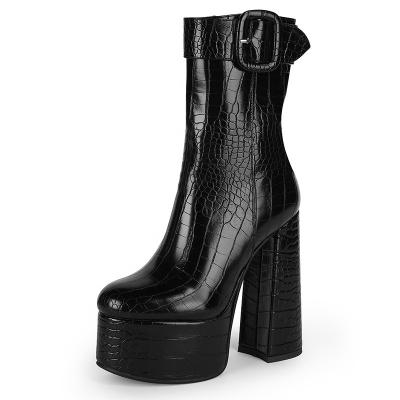 China New Style Round Block Heel And Platform High Croc Covered Buckle Women Ankle Boots for sale