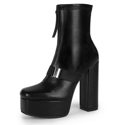 China Round High Heel and Square Toe Platform Ankle Boots with Stretch Hardware and Ribbon for Small MOQ for sale