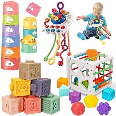 China Infant Teether Toy Stacking Building Block Sensory CUT THUNDER Toys Montessori Wooden Sensory Pull String Learning Toddler for sale