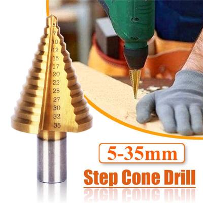 China Titanium Coated Steel 5-35 Mm HSS Step Drill Bits Drilling Fluted Edges Step Drill Bit Reamer Triangle Shank Wood Metal Drilling for sale