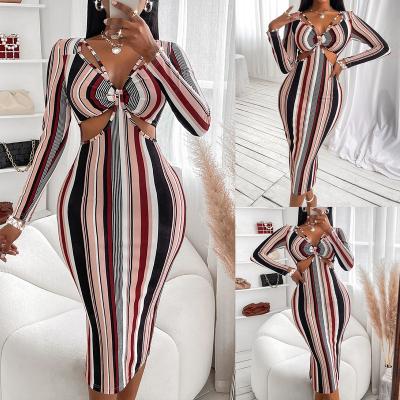 China 2022 New Arrival Anti-Static Women Wrap Chest Long Sleeve Dresses Tightshort Dress Women Birthday Celebrate Brand Evening Stripe Dress for sale