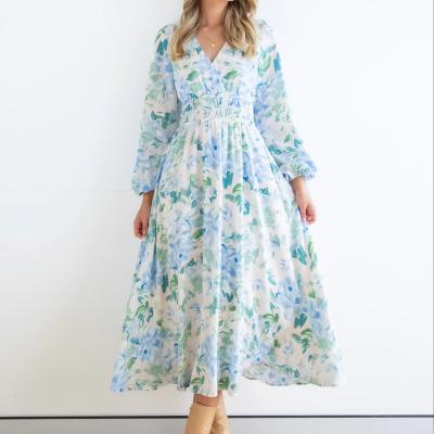 China 2022 Anti-Static Women Tunic Dress V Neck Printed Casual Loose Women Long Sleeve Chiffon Floral Ruffle Dress A-Line Chic Mini Dresses for sale