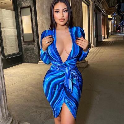 China 2022 Women's Anti-Static Colorful Floral Party Night Out Bodycon V-Neck Sleeve Club Evening Dress Mini Dresses Ladies Cocktail Sexy Long for sale