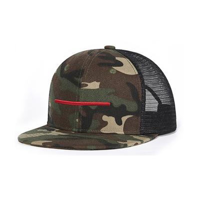 China COMMON logo 3d high quality custom embroidery camouflage 6 panel brim flat trucker hat for sale