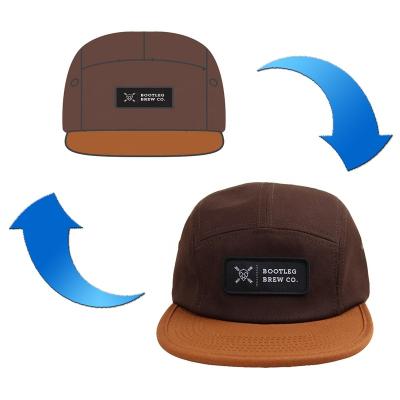 China JOINT Logo Woven Custom Vintage Cotton Two Tone Strap Back 5 Panel Camper Patch Hat for sale